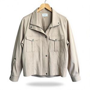 Korye Women's Tan Beige Utility Jacket Zip Snap Front Pockets Roll Tab Sleeves